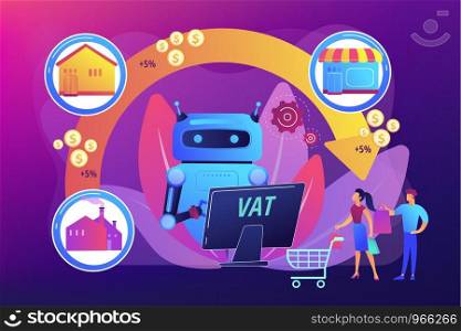 Artificial intelligence, ai calculating taxation multiplier. Value added tax system, VAT number validation, global taxation control concept. Bright vibrant violet vector isolated illustration. Value added tax system concept vector illustration