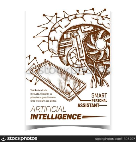Artificial Intelligence Ai Promotion Banner Vector. Ai Cybernetic Brain And Phone Smart Personal Assistant Device. Motherboard, Cooler And Computer Details Monochrome Illustration. Artificial Intelligence Ai Promotion Banner Vector
