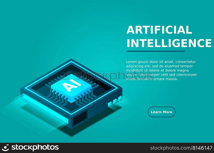 Artificial intelligence, AI web banner, isometric cloud computing concept, data mining, isometric, neural network, machine programming. Modern illustration isometric.