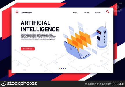 Artificial Intelligence analyzes files. AI processed database, machine learning and data processing. Employee working file, robotic finance mining center analyze isometric 3D vector illustration. Artificial Intelligence analyzes files. AI processed database, machine learning and data processing isometric 3D vector illustration