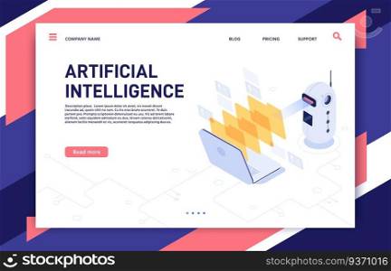 Artificial Intelligence analyzes files. AI processed database, machine learning and data processing. Employee working file, robotic finance mining center analyze isometric 3D vector illustration. Artificial Intelligence analyzes files. AI processed database, machine learning and data processing isometric 3D vector illustration