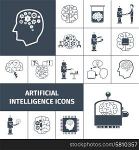 Artificial intelligence and digital brain icons black set isolated vector illustration. Artificial Intelligence Icons Black
