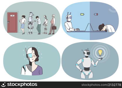 Artificial intelligence and futuristic technologies concept. Set of robots working as humans waiting for interview with humans working in office full of energy holding light bulb having great idea. Artificial intelligence and futuristic technologies concept.