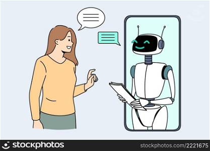 Artificial intelligence and technologies concept. Smiling girl standing and looking at smartphone screen with white robot bot communicating with her vector illustration . Artificial intelligence and technologies concept