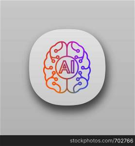 Artificial intelligence app icon. UI/UX user interface. Digital brain. Neurotechnology. AI. Web or mobile application. Vector isolated illustration. Artificial intelligence app icon