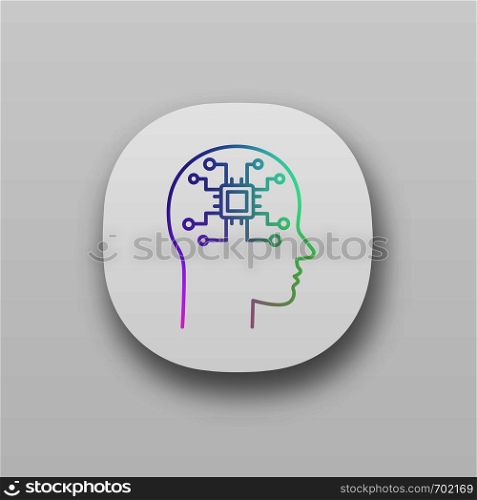 Artificial intelligence app icon. UI/UX user interface. Robot. Human head with chip digital network. Robotics. Web or mobile application. Vector isolated illustration. Artificial intelligence app icon