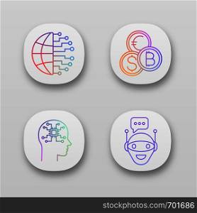 Artificial intelligence app icons set. UI/UX user interface. Big data, currency exchange, robot, chat bot. Web or mobile applications. Vector isolated illustrations. Artificial intelligence app icons set
