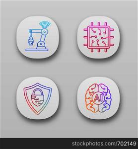 Artificial intelligence app icons set. UI/UX user interface. AI. IoT robot, chip, cybersecurity, digital brain. Web or mobile applications. Vector isolated illustrations. Artificial intelligence app icons set