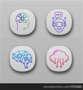 Artificial intelligence app icons set. UI/UX user interface. Neural network. Neurotechnology. Chat bot, AI, digital brain, cloud computing. Web or mobile applications. Vector isolated illustrations. Artificial intelligence app icons set