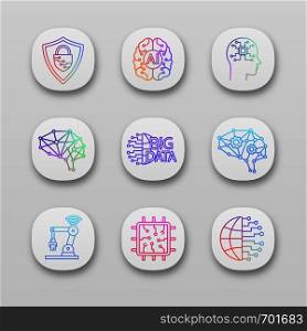 Artificial intelligence app icons set. UI/UX user interface. Neurotechnology. AI, digital brain, neural network, big data, iot robot, chip. Web or mobile applications. Vector isolated illustrations. Artificial intelligence app icons set