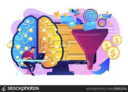 Artificial intelligence assistant. Deep learning algorithm. AI-powered marketing tools, AI e-commerce search, AI customer recommendations concept. Bright vibrant violet vector isolated illustration. AI-powered marketing tools concept vector illustration
