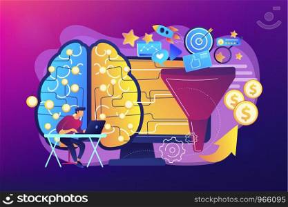 Artificial intelligence assistant. Deep learning algorithm. AI-powered marketing tools, AI e-commerce search, AI customer recommendations concept. Bright vibrant violet vector isolated illustration. AI-powered marketing tools concept vector illustration