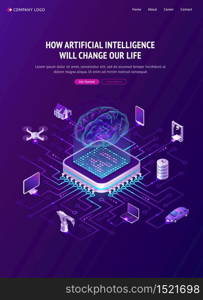 Artificial intelligence banner. Concept of innovation technologies in life. Vector isometric illustration of network, circuit connection of chip with hologram brain and computer, house and car. Vector banner of artificial intelligence