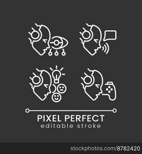 Artificial intelligence benefits pixel perfect white linear icons set for dark theme. AI advantages. Big data. Night mode simple thin line symbols. Isolated outline illustrations. Editable stroke. Artificial intelligence benefits white linear icons set for dark theme