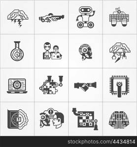 Artificial Intelligence Black White Icons Set . Artificial intelligence black white square icons set with technology symbols flat isolated vector illustration