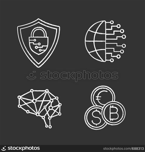 Artificial intelligence chalk icons set. Cyberspace. Neurotechnology. Cybersecurity, digital brain, currency exchange, big data. Isolated vector chalkboard illustrations. Artificial intelligence chalk icons set