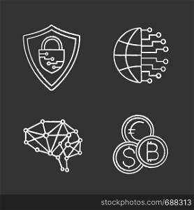 Artificial intelligence chalk icons set. Cyberspace. Neurotechnology. Cybersecurity, digital brain, currency exchange, big data. Isolated vector chalkboard illustrations. Artificial intelligence chalk icons set
