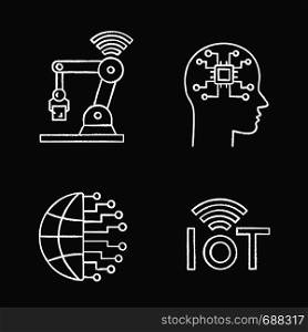 Artificial intelligence chalk icons set. Neural network. Neurotechnology. Internet of things, big data, IoT robot, AI. Isolated vector chalkboard illustrations. Artificial intelligence chalk icons set