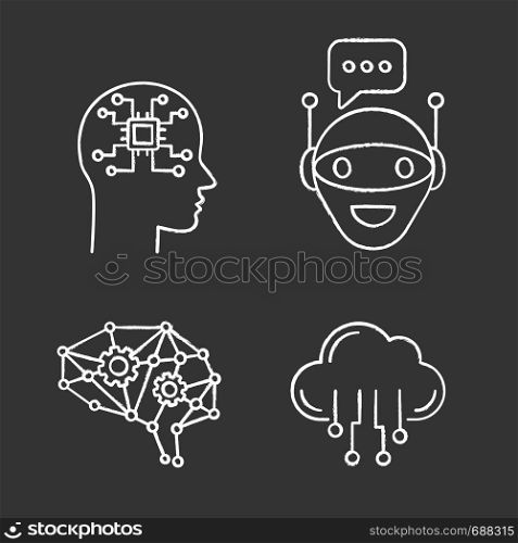 Artificial intelligence chalk icons set. Neural network Neurotechnology. Chat bot, AI, digital brain, cloud computing. Isolated vector chalkboard illustrations. Artificial intelligence chalk icons set