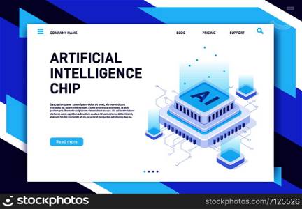Artificial Intelligence chip. Machine learning technology, computer electronics and AI systems landing page template. Microchip evolution, futuristic IT isometric vector illustration. Artificial Intelligence chip. Machine learning technology, computer electronics and AI systems landing page template vector illustration