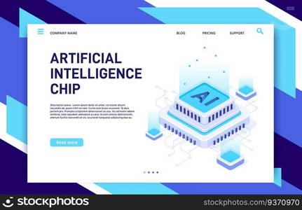 Artificial Intelligence chip. Machine learning technology, computer electronics and AI systems landing page template. Microchip evolution, futuristic IT isometric vector illustration. Artificial Intelligence chip. Machine learning technology, computer electronics and AI systems landing page template vector illustration