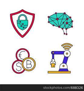 Artificial intelligence color icons set. Cyberspace. Neurotechnology. Cybersecurity, digital brain, currency exchange, IoT robot. Isolated vector illustrations. Artificial intelligence color icons set