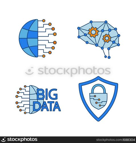 Artificial intelligence color icons set. Information technologies. Deep learning AI, big data, cybersecurity. Isolated vector illustrations. Artificial intelligence color icons set