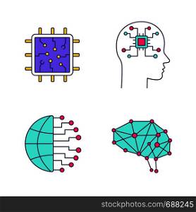 Artificial intelligence color icons set. Information technologies. Neurotechnology. Processor, ai, big data, digital brain. Isolated vector illustrations. Artificial intelligence color icons set
