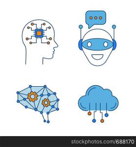 Artificial intelligence color icons set. Neural network Neurotechnology. Chat bot, ai, digital brain, cloud computing. Isolated vector illustrations. Artificial intelligence color icons set