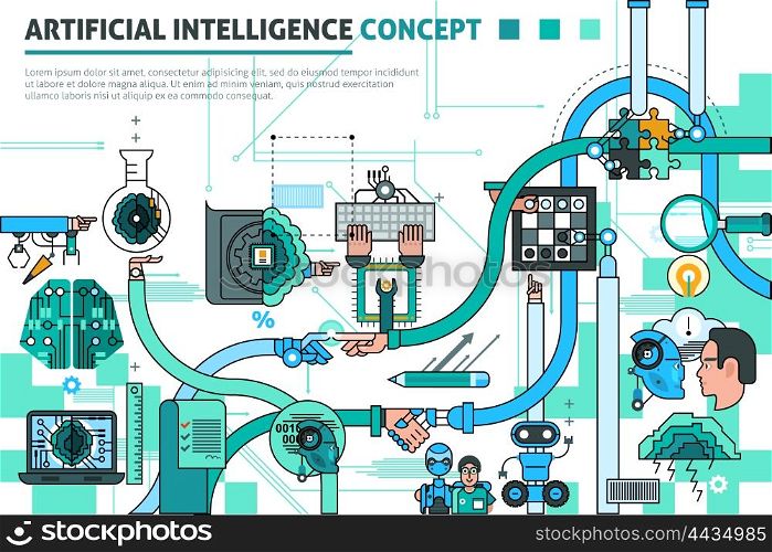 Artificial Intelligence Concept Composition . Artificial intelligence concept line composition with communication symbols flat vector illustration