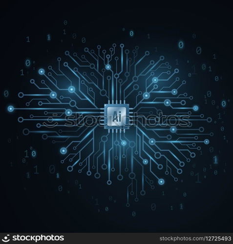 Artificial intelligence concept. Cyborg technological brain. Glowing computer circuit board with a processor. Binary code. Cyber thinking. Vector illustration. EPS 10. Artificial intelligence concept. Cyborg technological brain. Glowing computer circuit board with a processor. Binary code. Cyber thinking. Vector illustration