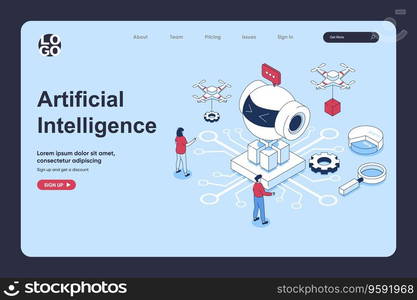 Artificial intelligence concept in 3d isometric design for landing page template. People working and programming ai robots, machine learning, creating circuit technology. Vector illustration for web