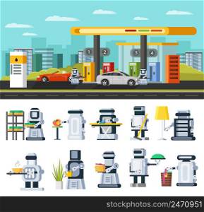 Artificial intelligence concept with robots refuelling cars at gas station and cyborgs replacing people in housekeeping work vector illustration. Artificial Intelligence Concept