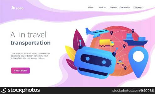 Artificial intelligence delivery, logistics and distribution. AI in travel and transportation, AI travel recommendations, AI smart booking concept. Website homepage landing web page template.. AI in travel and transportation concept landing page.