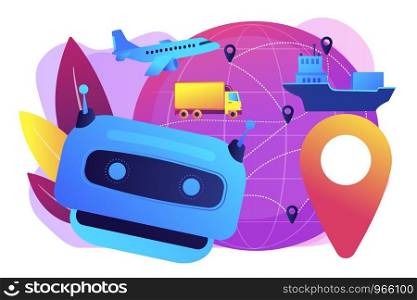 Artificial intelligence delivery, logistics and distribution. AI in travel and transportation, AI travel recommendations, AI smart booking concept. Bright vibrant violet vector isolated illustration. AI in travel and transportation concept vector illustration.