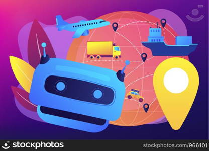 Artificial intelligence delivery, logistics and distribution. AI in travel and transportation, AI travel recommendations, AI smart booking concept. Bright vibrant violet vector isolated illustration