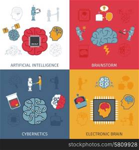 Artificial intelligence design concept set with electronic brain flat icons isolated vector illustration. Artificial Intelligence Flat Set