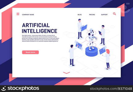 Artificial intelligence development. Cyborg manufacturing, robotics future and bionic robot. Futuristic clever artificial intelligence bot development 3d isometric vector illustration. Artificial intelligence development. Cyborg manufacturing, robotics future and bionic robot 3d isometric vector illustration