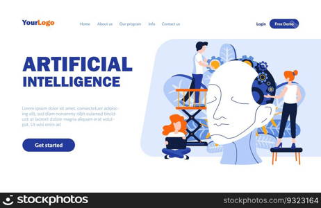 Artificial intelligence flat landing page template with header. Scientific development web banner, homepage design. Smart cyborg invention vector illustration. Science, technology, cybernetics concept