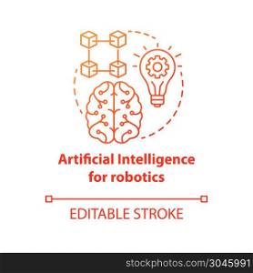 Artificial intelligence for robotics red concept icon. Smart computer system idea thin line illustration. Machine knowledge. Thinking and analysing. Vector isolated outline drawing. Editable stroke