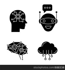 Artificial intelligence glyph icons set. Silhouette symbols. Neural network Neurotechnology. Chat bot, AI, digital brain, cloud computing. Vector isolated illustration. Artificial intelligence glyph icons set