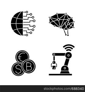 Artificial intelligence glyph icons set. Silhouette symbols. Neurotechnology. AI. Big data, currency exchange, IoT robot, neural network. Vector isolated illustration. Artificial intelligence glyph icons set