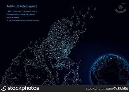 Artificial intelligence human and globe vector. Poster with text sample and planet Earth, innovative systems in digital area. Mind of robot creature. Artificial Intelligence Human and Globe Vector