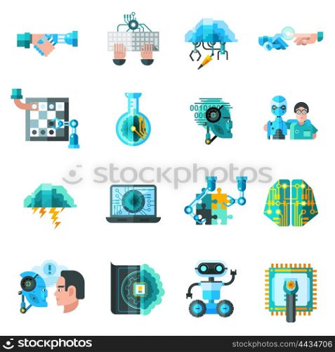 Artificial Intelligence Icons Set . Artificial intelligence icons set with robot laptop and keyboard flat isolated vector illustration