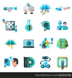 Artificial Intelligence Icons Set . Artificial intelligence icons set with robot laptop and keyboard flat isolated vector illustration