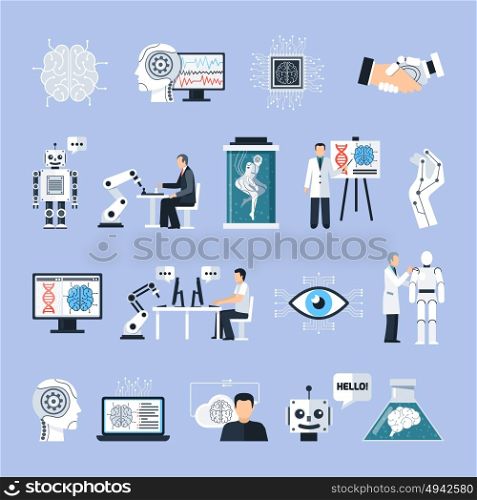 Artificial Intelligence Icons Set . Artificial intelligence icons set with technology symbols flat isolated vector illustration