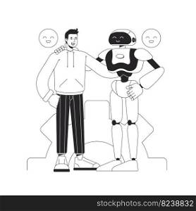 Artificial intelligence in daily life black and white concept vector spot illustration. Editable 2D flat monochrome cartoon characters for web design. Assist creative line art idea for website, mobile. Artificial intelligence in daily life black and white concept vector spot illustration