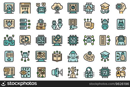 Artificial intelligence in education icons set outline vector. Robot digital. Teacher reality thin line color flat on white isolated. Artificial intelligence in education icons set vector line color