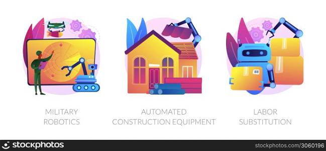 Artificial intelligence in industry abstract concept vector illustration set. Military robotics, automated construction equipment, labor substitution, smart machinery, robotization abstract metaphor.. Artificial intelligence in industry abstract concept vector illustrations.