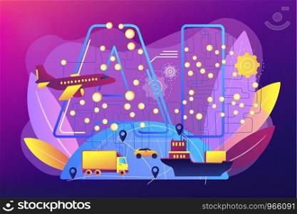 Artificial intelligence in logistics and distribution. AI in travel and transportation, AI travel recommendations, AI smart booking concept. Bright vibrant violet vector isolated illustration. AI in travel and transportation concept vector illustration